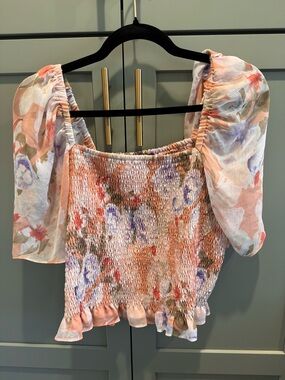 Express Peach Floral Smocked Puff Sleeve Crop Top